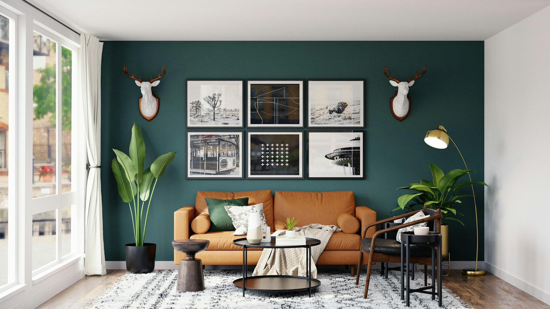 Wohnzimmer mit Sichtschutz-Gardine und warmen Wandfarben